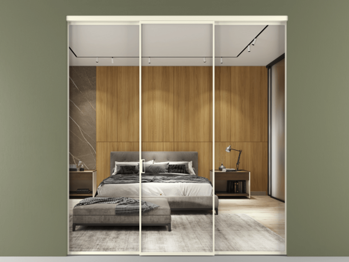 Перегородка Формато внутри проёма 3 створки АЛПР 040.01 Алюминий молочно-белый Двустороннее зеркало, триплекс , триплекс 6 мм Цена 225125 ₽ | Volhovec