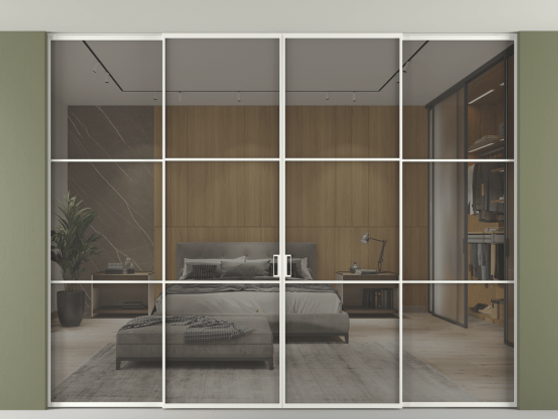 Перегородка Формато внутри проёма скрытое крепление в потолок 4 створки АЛПР 040.03 Алюминий светло-серый Рефлективное серое стекло "Стопсол", калёное Цена 555140 ₽ | Volhovec