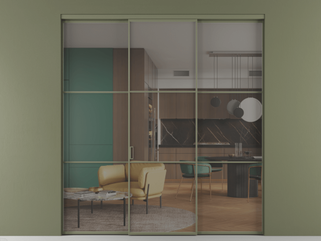 Перегородка Formato внутри проёма 3 створки АЛПР 040.03 Алюминий оливковый тёмный Прозрачное серое стекло, триплекс Цена 237275 ₽ | Volhovec