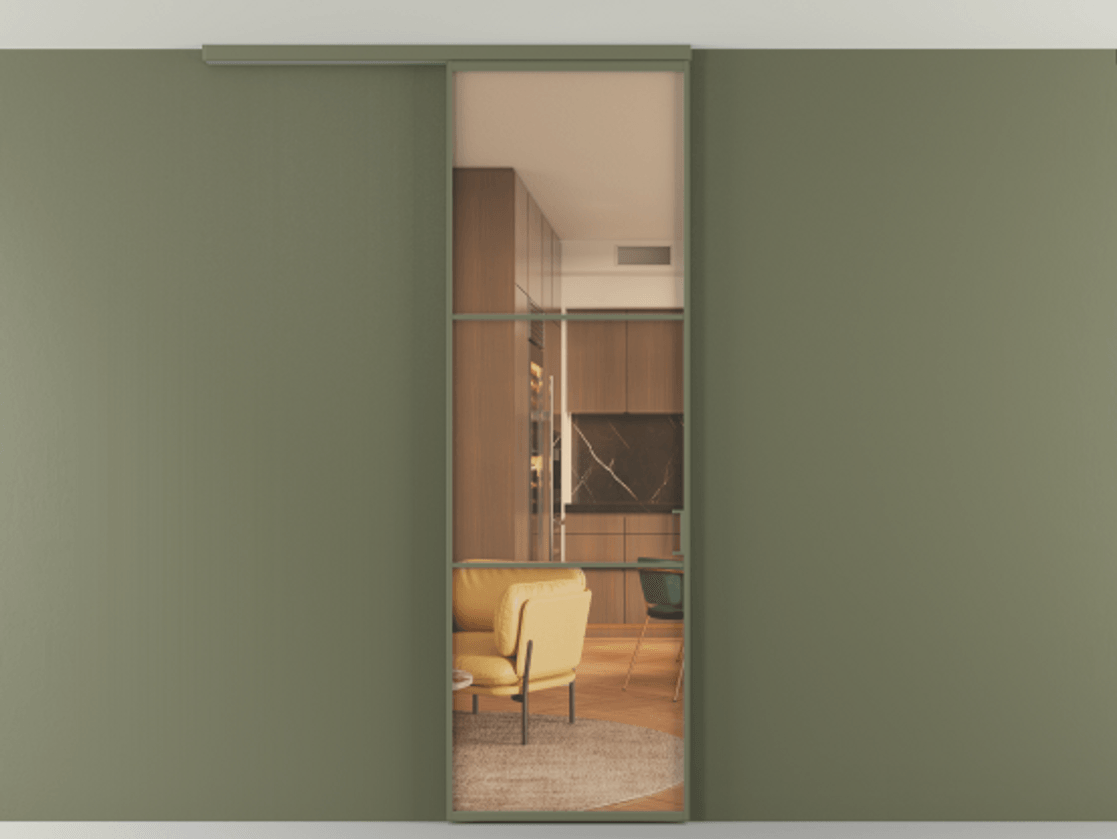 Перегородка Формато вдоль стены на потолок 1 створка АЛПР 040.03 Алюминий оливковый тёмный Прозрачное оранжевое стекло, триплекс Цена 96858 ₽ | Volhovec