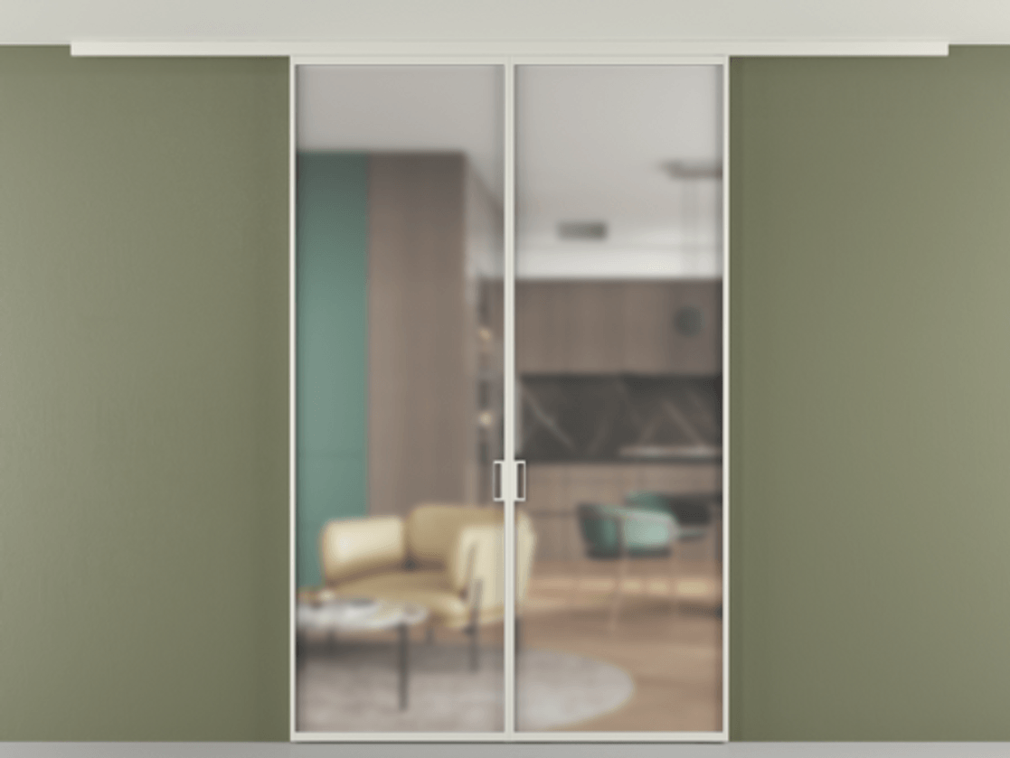 Перегородка Формато вдоль стены на потолок 2 створки АЛПР 040.01 Алюминий Белый Сатинированное стекло "Мателюкс Кристал Вижн", калёное, матовое, каленое 6 мм Цена 223460 ₽ | Volhovec