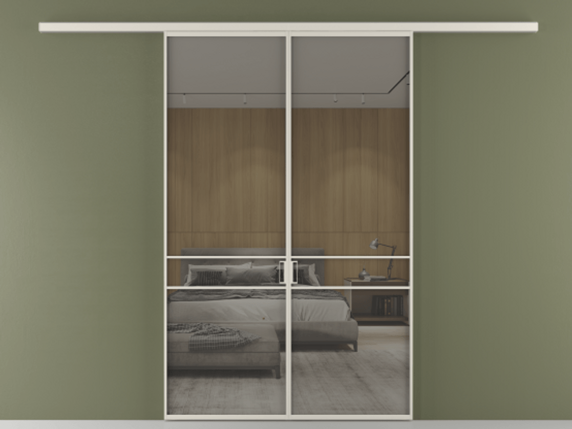 Перегородка Formato вдоль стены 2 створки АЛПР 040.02 Алюминий облачно-серый Рефлективное серое стекло "Stopsol", калёное Цена 249000 ₽ | Volhovec