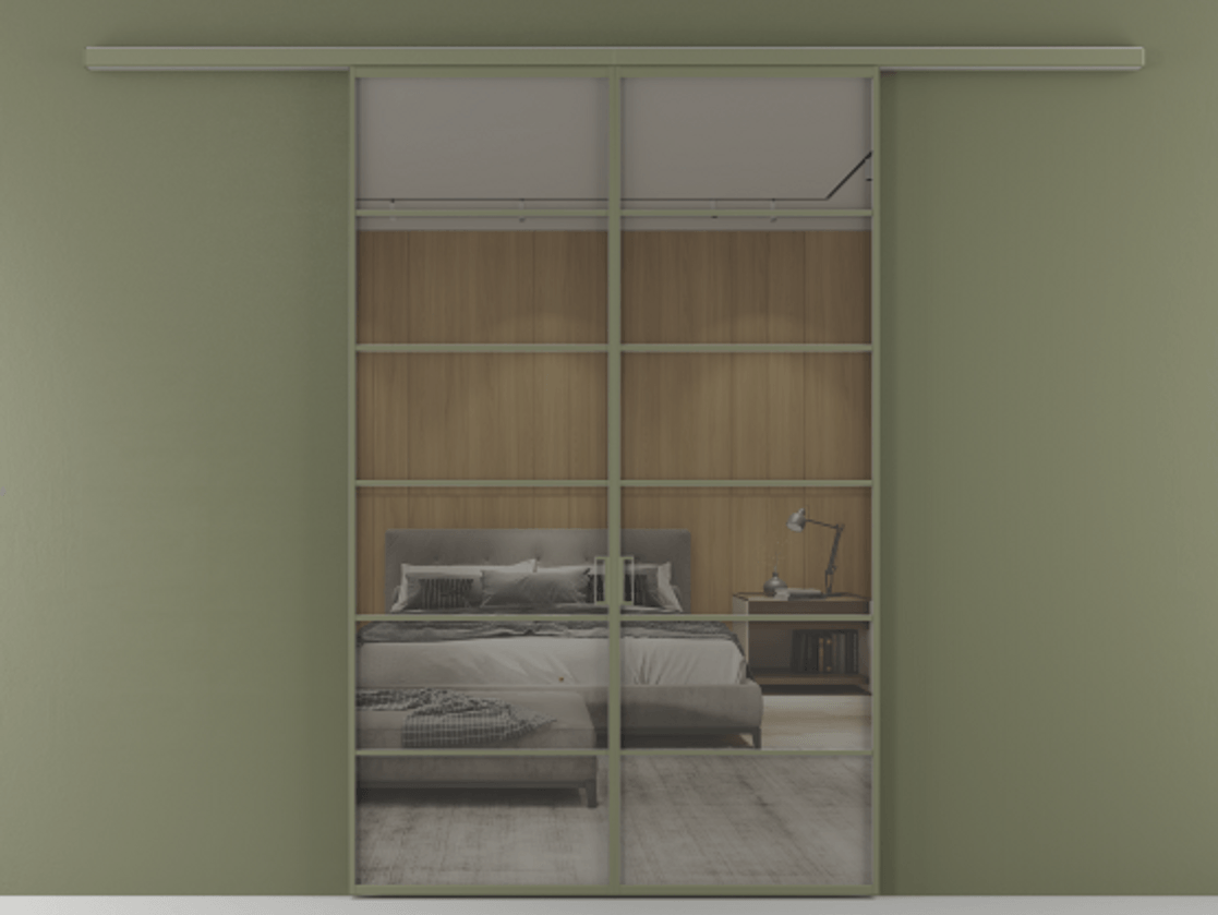 Перегородка Формато вдоль стены 2 створки АЛПР 040.04 Алюминий оливковый тёмный Рефлективное серое стекло "Стопсол", калёное Цена 264600 ₽ | Volhovec