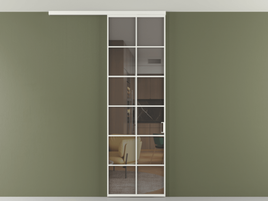 Перегородка Формато вдоль стены на потолок 1 створка АЛПР 040.05 Алюминий светло-серый Прозрачное серое стекло, триплекс Цена 103293 ₽ | Volhovec