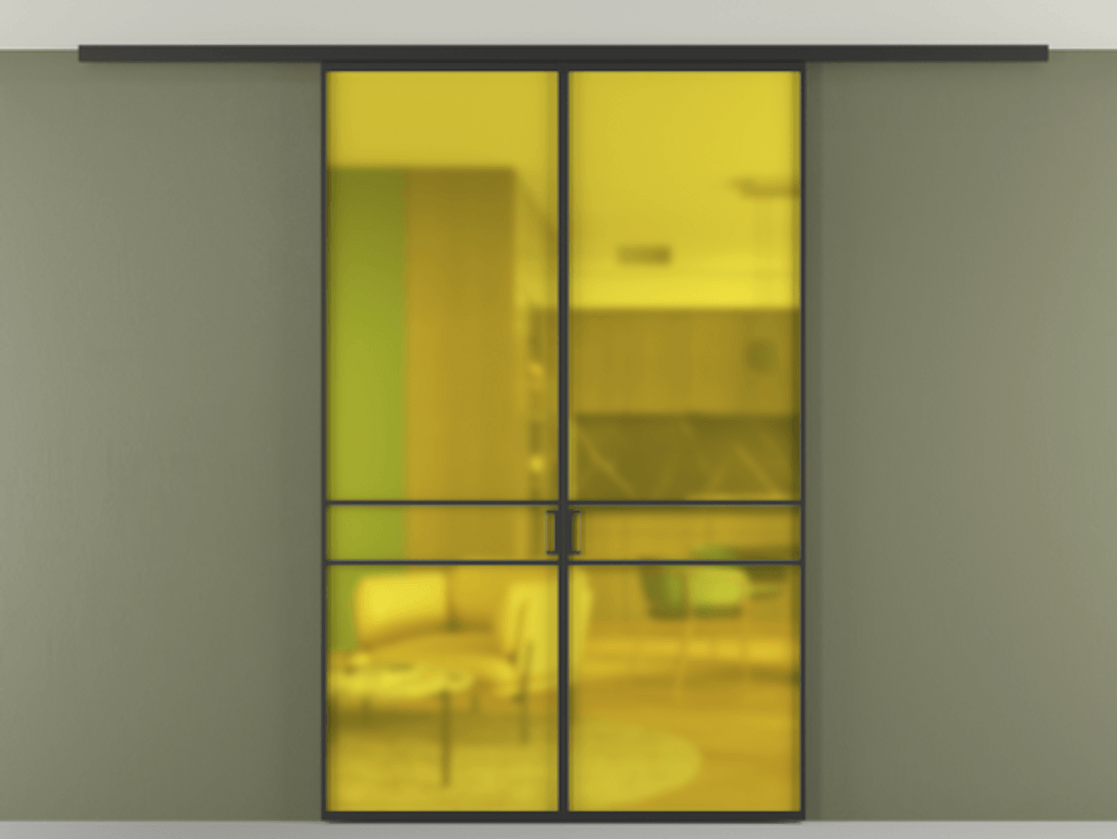 Перегородка Формато вдоль стены на потолок 2 створки АЛПР 040.02 Алюминий Черный Сатинированное жёлтое стекло, триплекс Цена 179575 ₽ | Volhovec