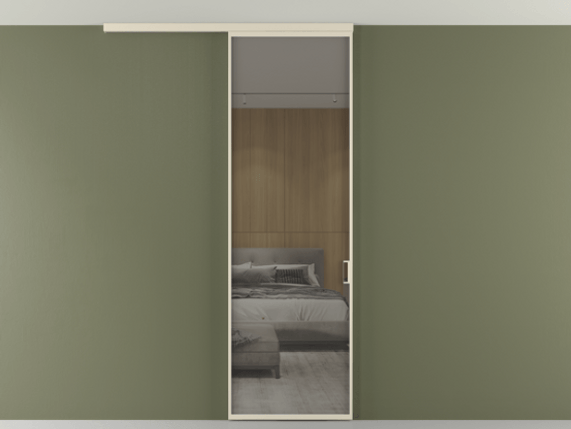 Перегородка Формато вдоль стены на потолок 1 створка АЛПР 040.01 Алюминий бежево-серый Рефлективное серое стекло "Стопсол", калёное Цена 119570 ₽ | Volhovec