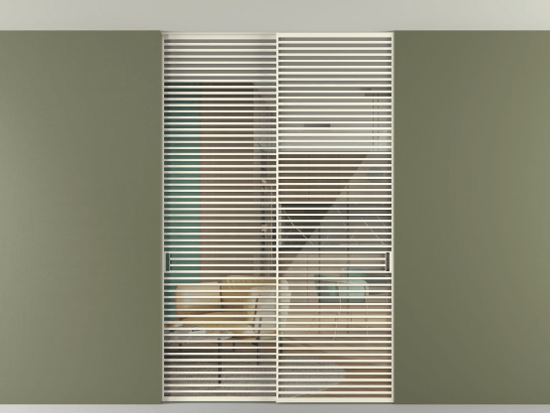 Перегородка Формато внутри проёма скрытое крепление в потолок 2 створки АЛПР 040.07 Алюминий молочно-белый Рефлективное прозрачное стекло "Стопсол", калёное Цена 521120 ₽ | Volhovec