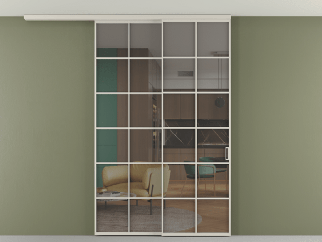 Перегородка Формато вдоль стены на потолок 2 створки с синхронным механизмом АЛПР 040.05 Алюминий облачно-серый Прозрачное серое стекло, триплекс Цена 291704 ₽ | Volhovec