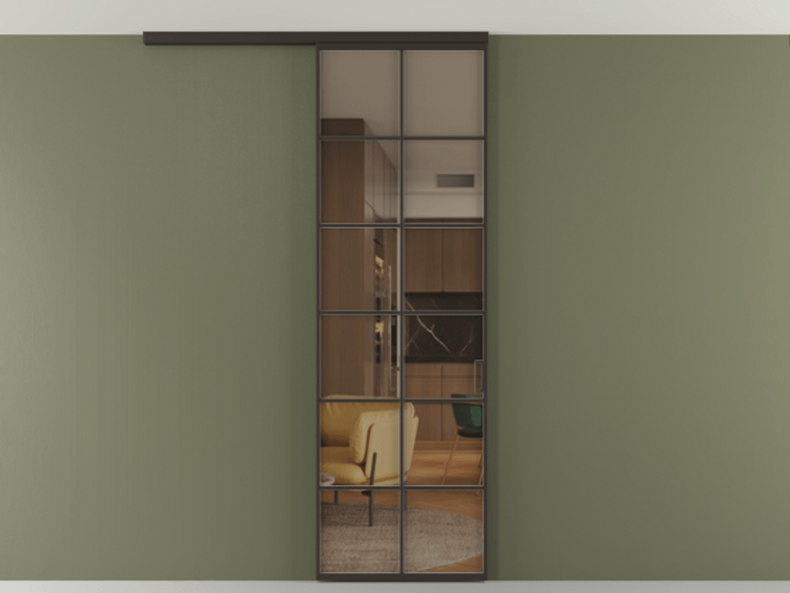 Перегородка Формато вдоль стены на потолок 1 створка АЛПР 040.05 Алюминий антрацит Прозрачное бронзовое стекло, триплекс Цена 107852 ₽ | Volhovec