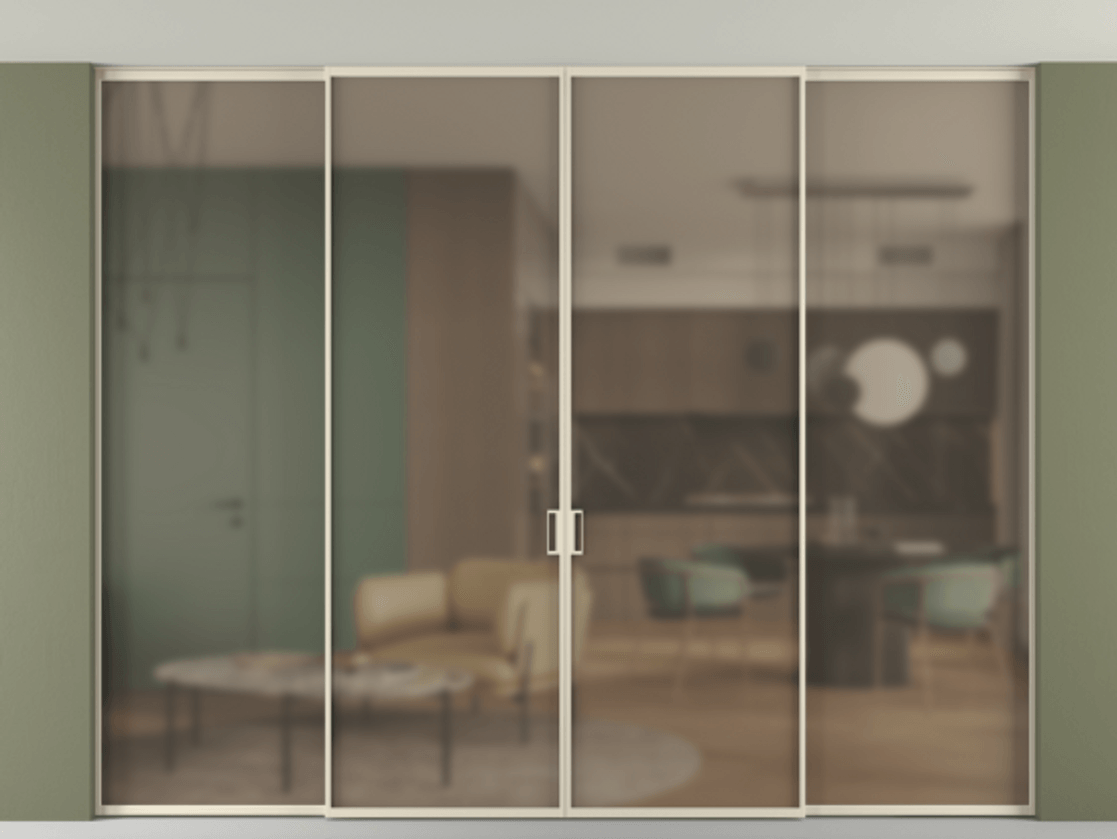 Перегородка Формато внутри проёма скрытое крепление в потолок 4 створки АЛПР 040.01 Алюминий бежево-серый Сатинированное бронзовое стекло, триплекс Цена 422710 ₽ | Volhovec