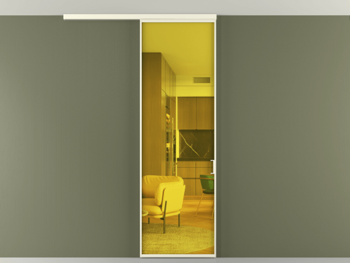 Перегородка Formato вдоль стены на потолок 1 створка АЛПР 040.01 Алюминий молочно-белый Прозрачное жёлтое стекло, триплекс Цена 96236 ₽ | Volhovec