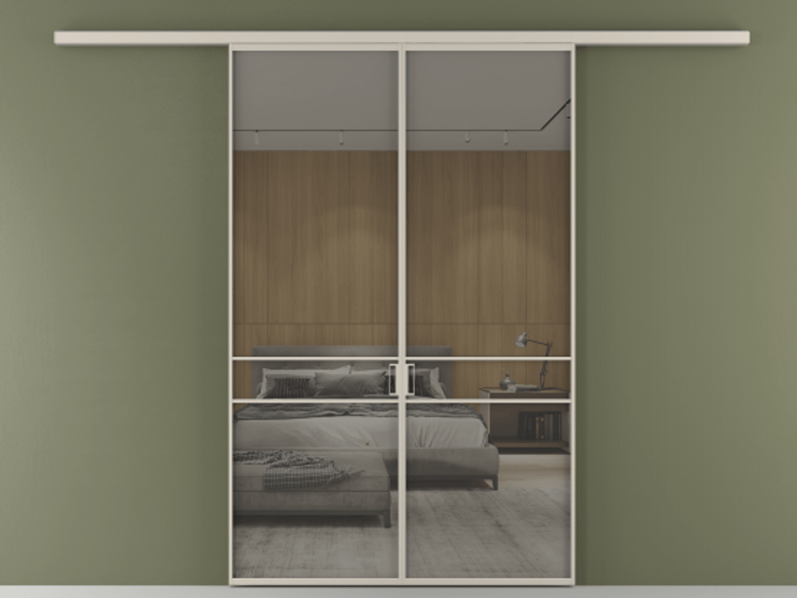 Перегородка Формато вдоль стены 2 створки АЛПР 040.02 Алюминий светло-бежевый Рефлективное серое стекло "Стопсол", калёное Цена 249000 ₽ | Volhovec