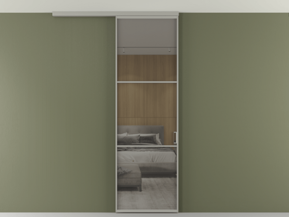 Перегородка Формато вдоль стены на потолок 1 створка АЛПР 040.03 Алюминий нейтральный серый Рефлективное серое стекло "Стопсол", калёное Цена 107388 ₽ | Volhovec