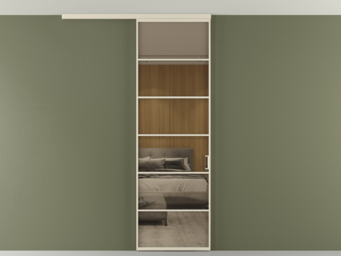 Перегородка Формато вдоль стены на потолок 1 створка АЛПР 040.04 Алюминий бежево-серый Рефлективное бронзовое стекло "Стопсол", калёное Цена 134090 ₽ | Volhovec