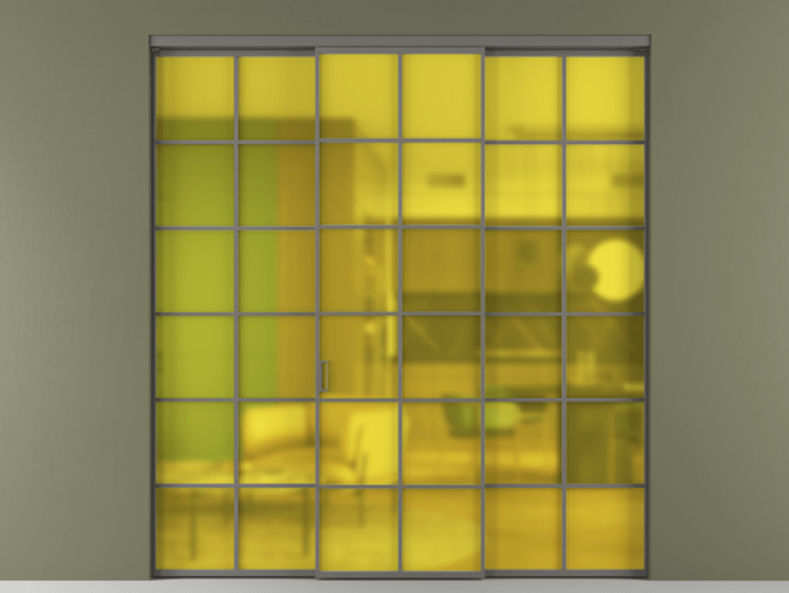 Перегородка Формато внутри проёма 3 створки АЛПР 040.05 Алюминий классический серый Сатинированное жёлтое стекло, триплекс Цена 254825 ₽ | Volhovec