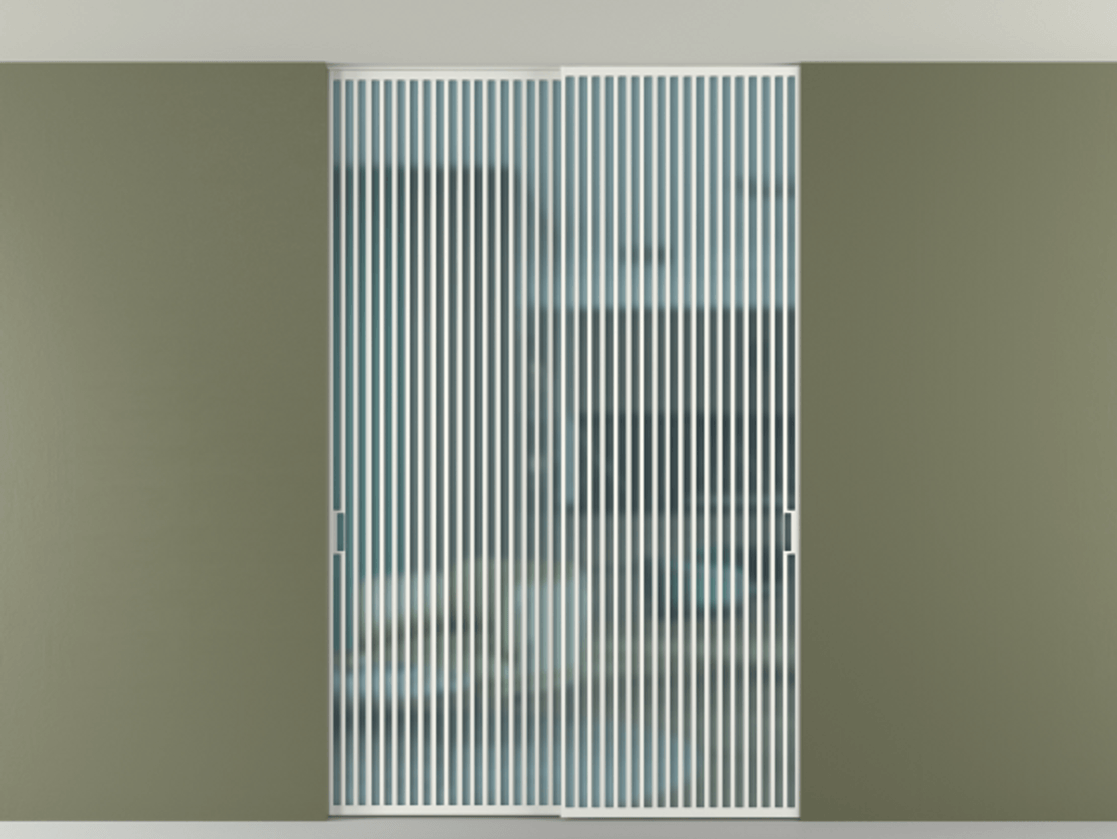 Перегородка Формато внутри проёма скрытое крепление в потолок 2 створки АЛПР 040.06 Алюминий светло-серый Сатинированное голубое стекло, триплекс Цена 409915 ₽ | Volhovec