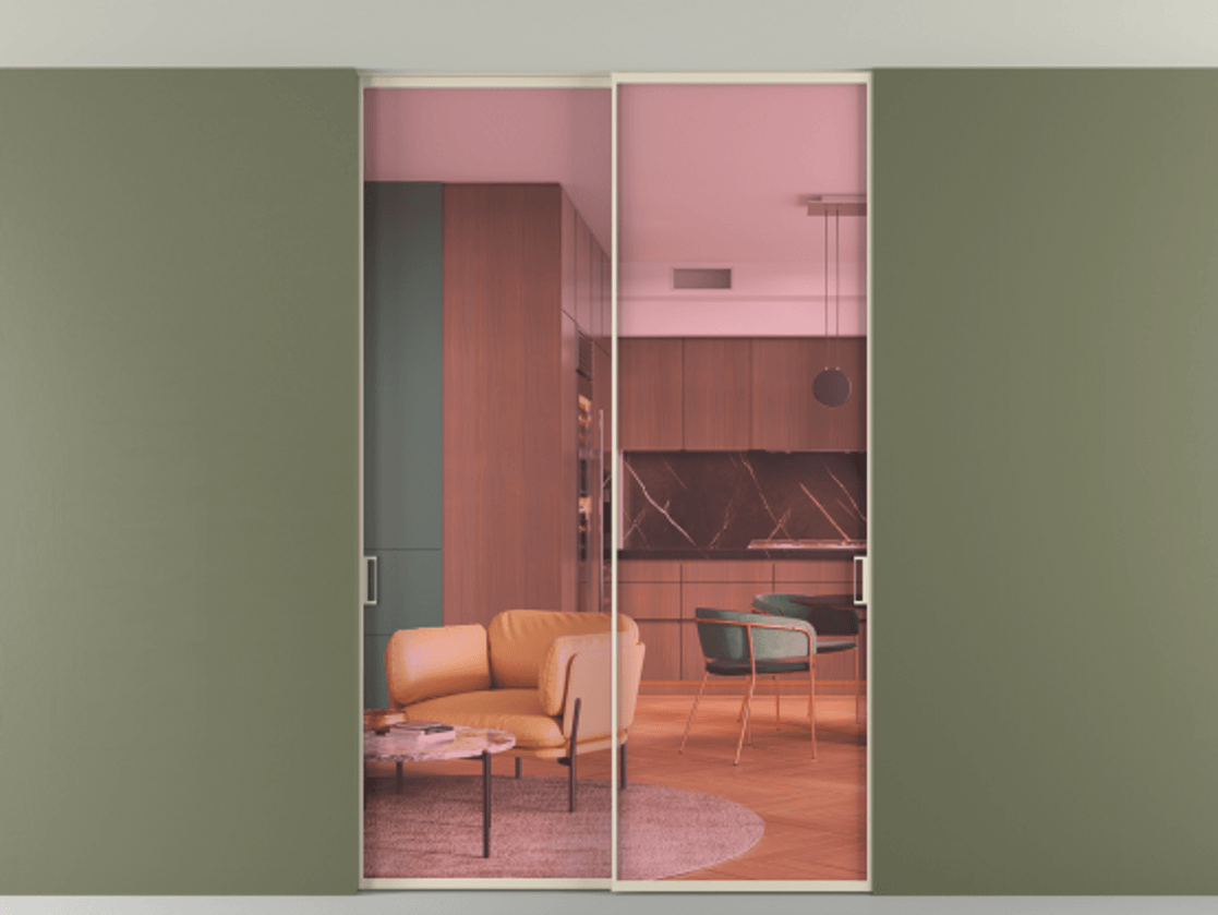 Перегородка Формато внутри проёма скрытое крепление в потолок 2 створки АЛПР 040.01 Алюминий бежево-серый Прозрачное розовое стекло, триплекс Цена 246972 ₽ | Volhovec