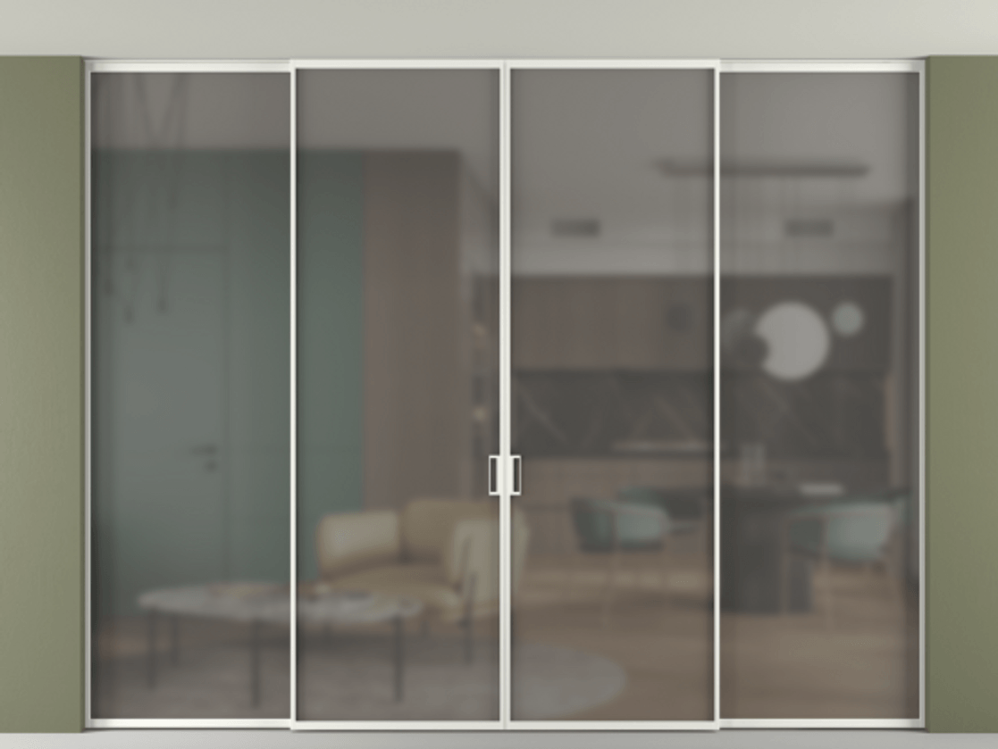 Перегородка Formato внутри проёма скрытое крепление в потолок 4 створки АЛПР 040.01 Алюминий светло-серый Сатинированное серое стекло, триплекс Цена 422710 ₽ | Volhovec