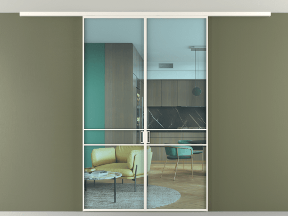 Перегородка Формато вдоль стены на потолок 2 створки АЛПР 040.02 Алюминий пудровый белый Прозрачное голубое стекло, триплекс Цена 186615 ₽ | Volhovec