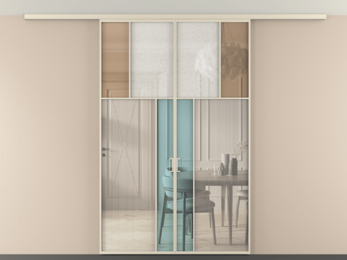 Перегородка Mosaic вдоль стены на потолок двустворчатая АЛПР 041.22 Алюминий бежево-серый Комбинация стекол Группы 1 и Группы 3 Цена 274980 ₽ | Volhovec