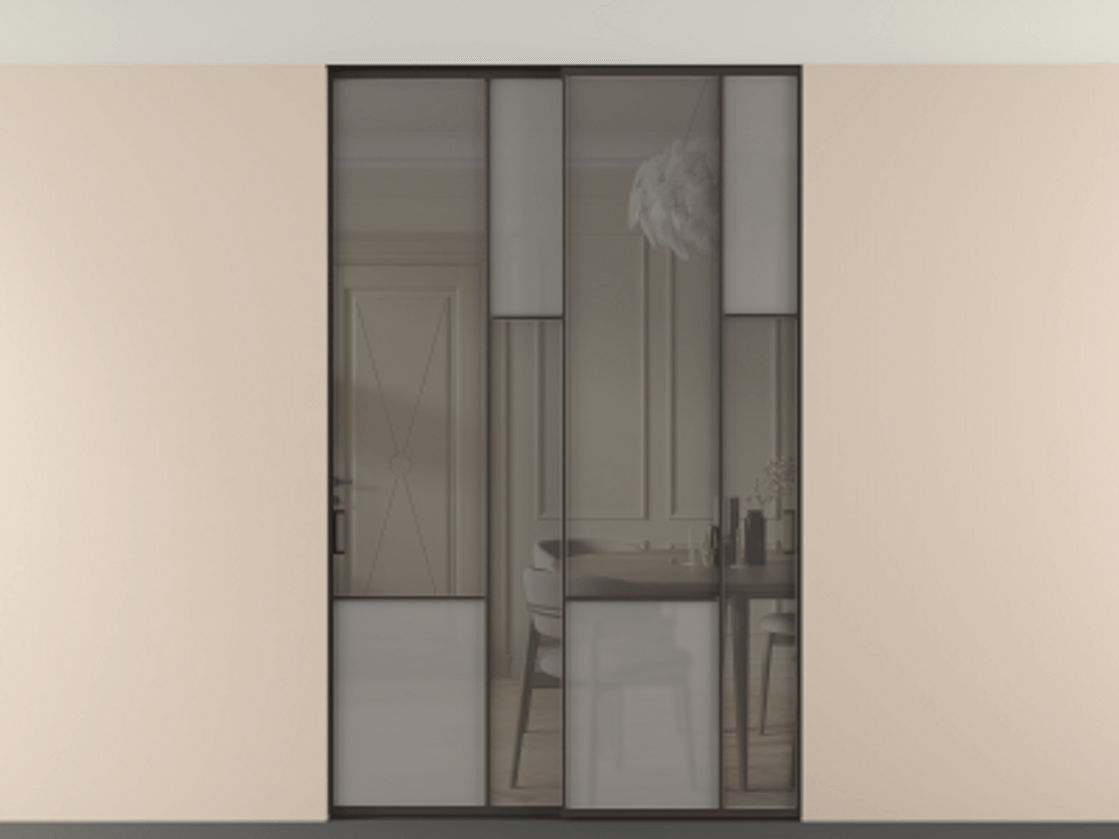 Перегородка Мозаик внутри проёма скрытое крепление в потолок 2 створки АЛПР 041.12 Алюминий антрацит Сатинированное серое стекло, триплекс, 6 мм + Прозрачное серое стекло, триплекс Цена 324580 ₽ | Volhovec