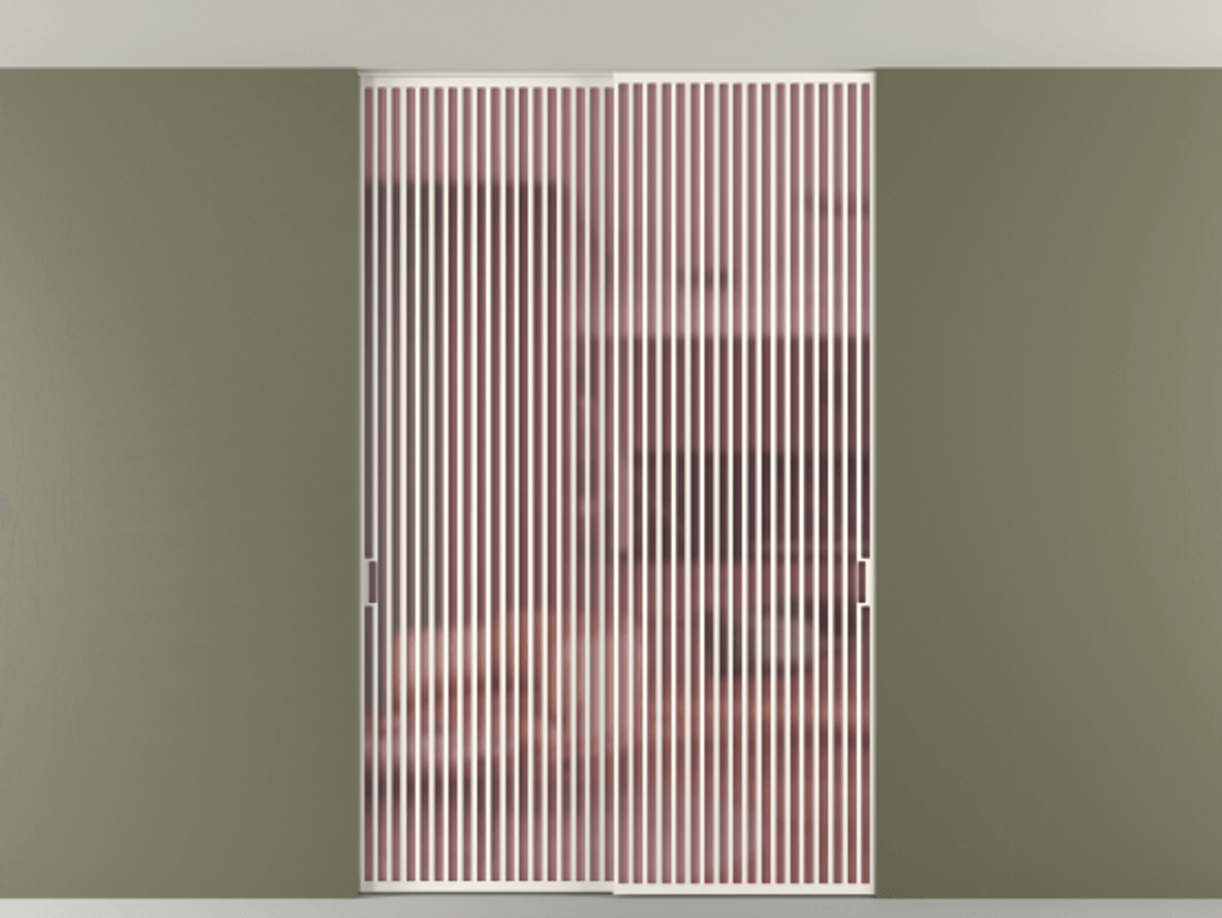 Перегородка Formato внутри проёма скрытое крепление в потолок 2 створки АЛПР 040.06 Алюминий пудровый белый Сатинированное розовое стекло, триплекс Цена 409915 ₽ | Volhovec