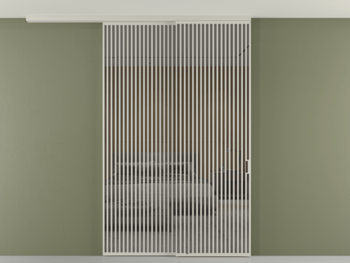 Перегородка Формато вдоль стены на потолок 2 створки с синхронным механизмом АЛПР 040.06 Алюминий тёплый серый Рефлективное серое стекло "Стопсол", калёное Цена 542620 ₽ | Volhovec