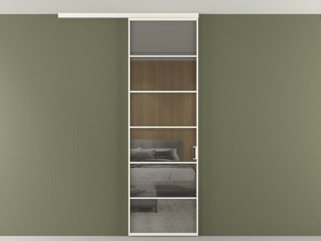 Перегородка Формато вдоль стены на потолок 1 створка АЛПР 040.04 Алюминий жемчужный Рефлективное серое стекло "Стопсол", калёное Цена 114252 ₽ | Volhovec