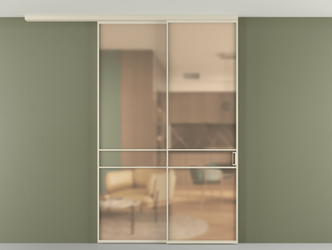 Перегородка Formato вдоль стены на потолок 2 створки с синхронным механизмом АЛПР 040.02 Алюминий бежево-серый Сатинированное оранжевое стекло, триплекс Цена 277976 ₽ | Volhovec