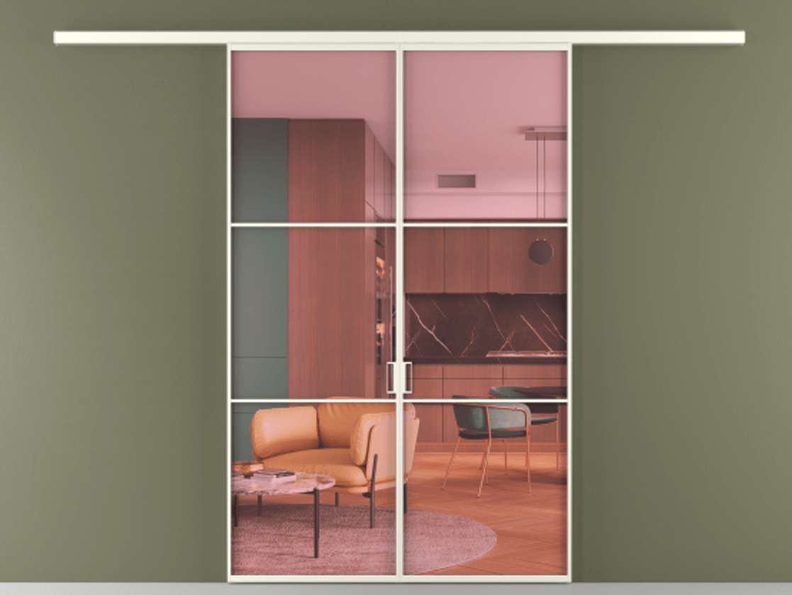 Перегородка Formato вдоль стены 2 створки АЛПР 040.03 Алюминий жемчужный Прозрачное розовое стекло, триплекс Цена 233000 ₽ | Volhovec