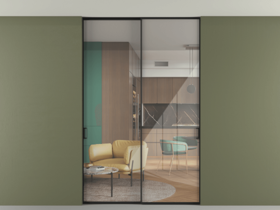 Перегородка Формато внутри проёма скрытое крепление в потолок 2 створки АЛПР 040.01 Алюминий Черный Рефлективное прозрачное стекло "Стопсол", калёное Цена 286160 ₽ | Volhovec