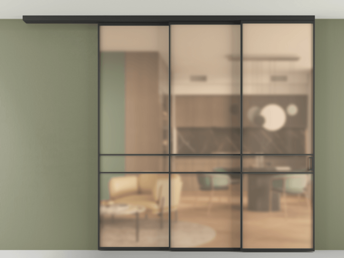 Перегородка Формато вдоль стены на потолок 3 створки с синхронным механизмом АЛПР 040.02 Алюминий Черный Сатинированное оранжевое стекло, триплекс Цена 365563 ₽ | Volhovec