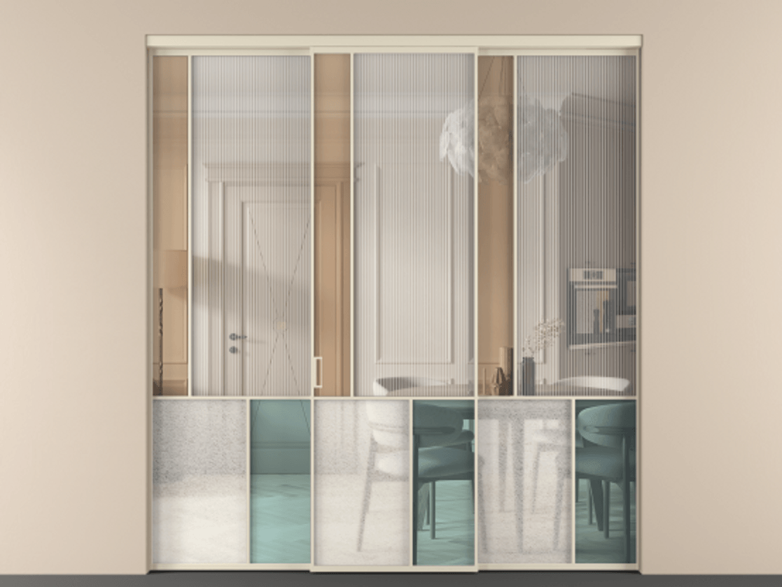 Перегородка Mosaic внутри проёма трёхстворчатая АЛПР 041.20 Алюминий бежево-серый Комбинация стекол Группы 1 и Группы 3 Цена 325910 ₽ | Volhovec