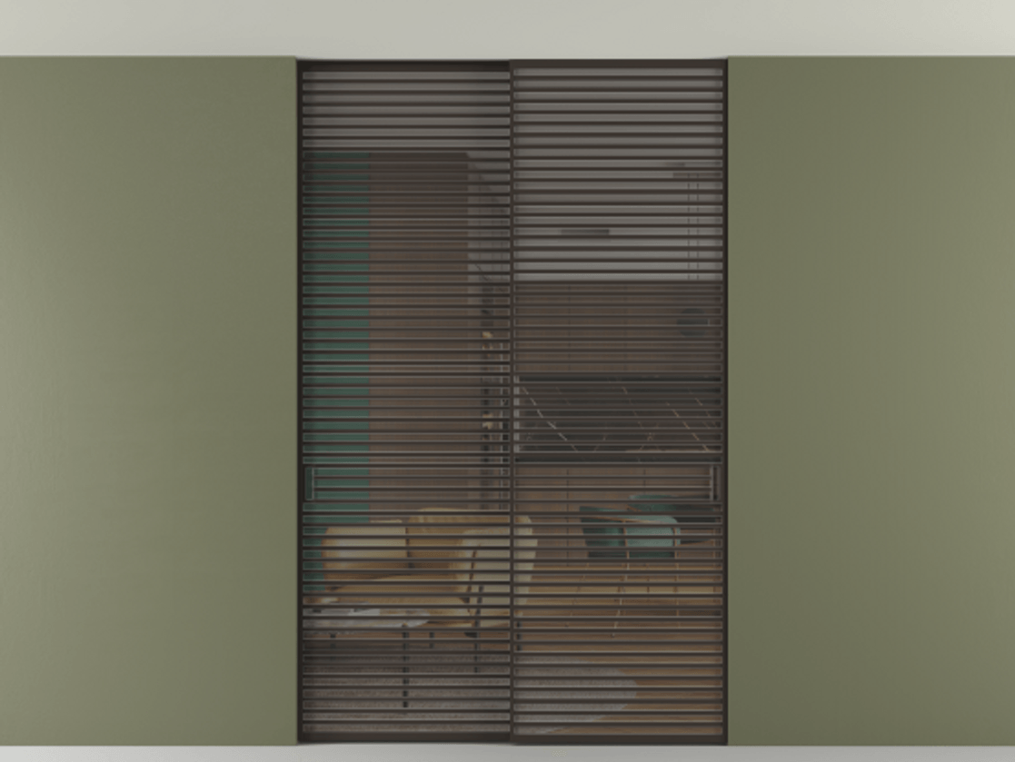 Перегородка Формато внутри проёма скрытое крепление в потолок 2 створки АЛПР 040.07 Алюминий антрацит Прозрачное серое стекло, триплекс Цена 409915 ₽ | Volhovec