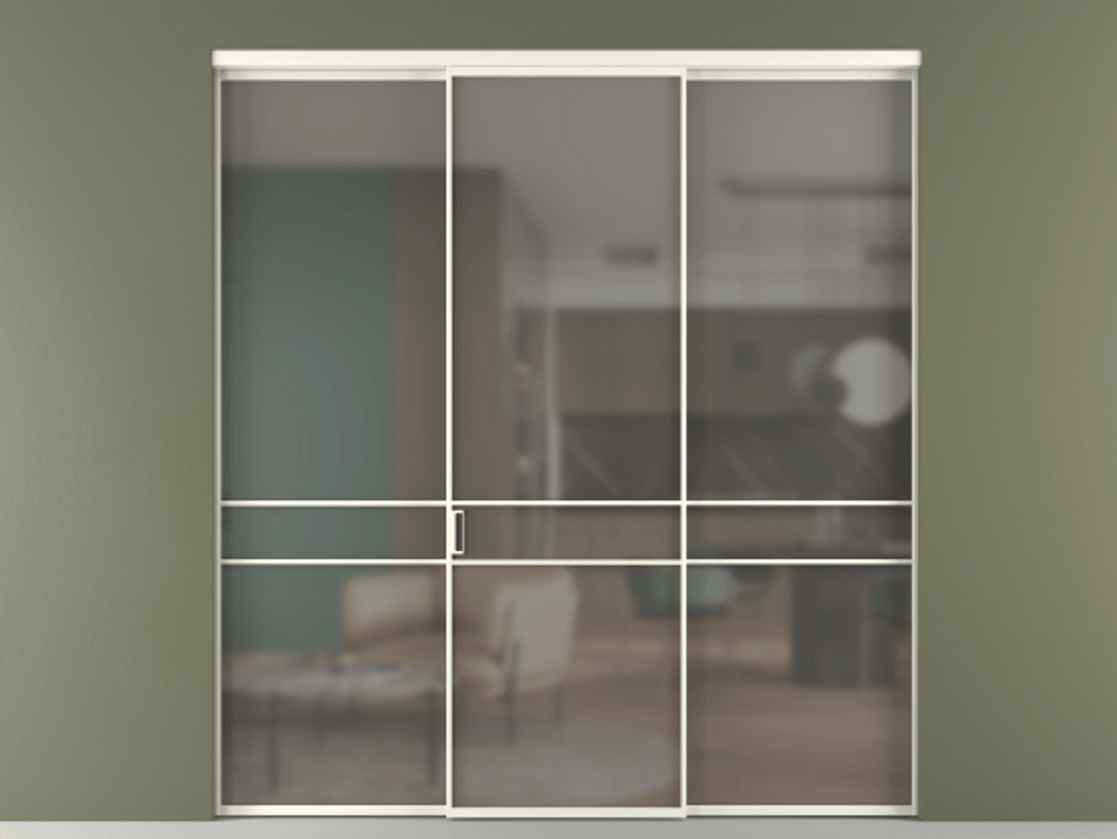 Перегородка Formato внутри проёма 3 створки АЛПР 040.02 Алюминий жемчужный Сатинированное серое стекло, триплекс Цена 237275 ₽ | Volhovec