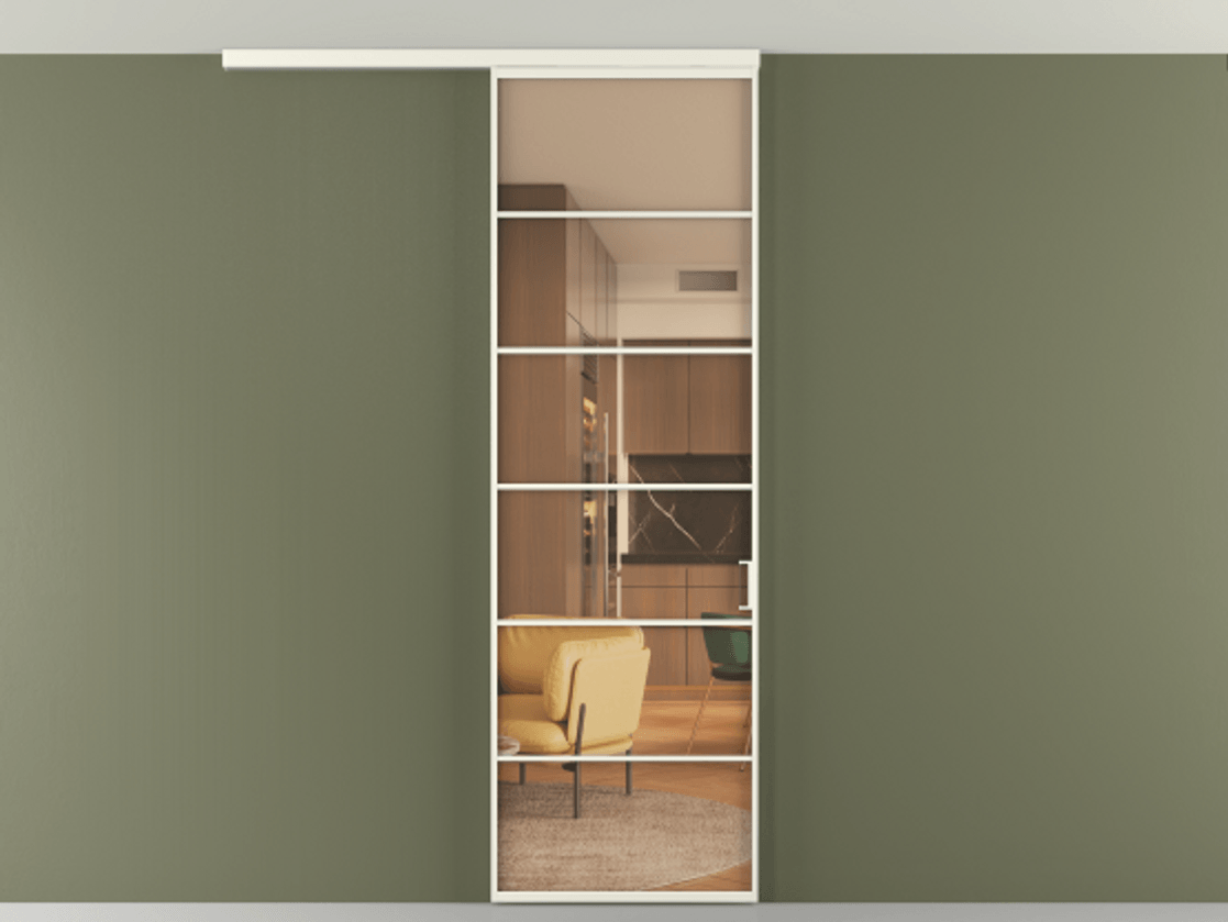 Перегородка Формато вдоль стены на потолок 1 створка АЛПР 040.04 Алюминий жемчужный Прозрачное оранжевое стекло, триплекс Цена 103293 ₽ | Volhovec