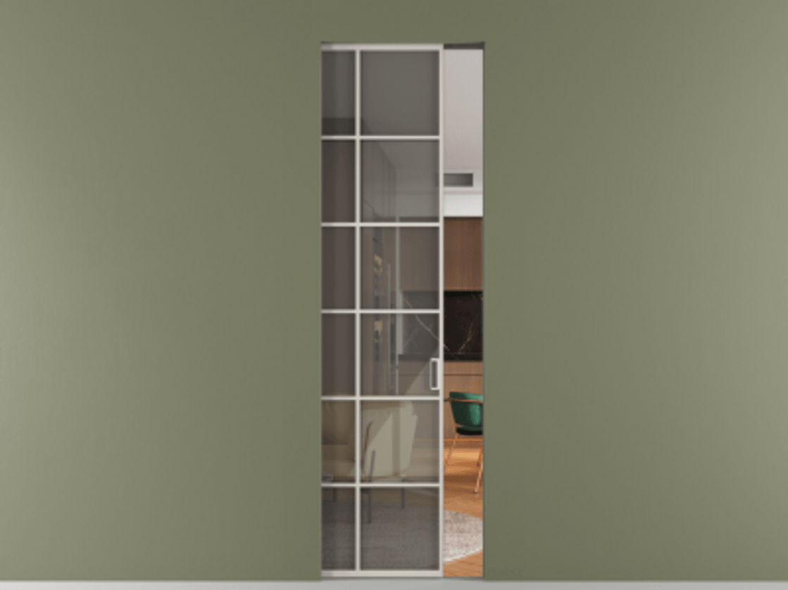 Перегородка Formato скрытый пенал 1 створка АЛПР 040.05 Алюминий облачно-серый Рефлективное серое стекло "Stopsol", калёное Цена 186200 ₽ | Volhovec