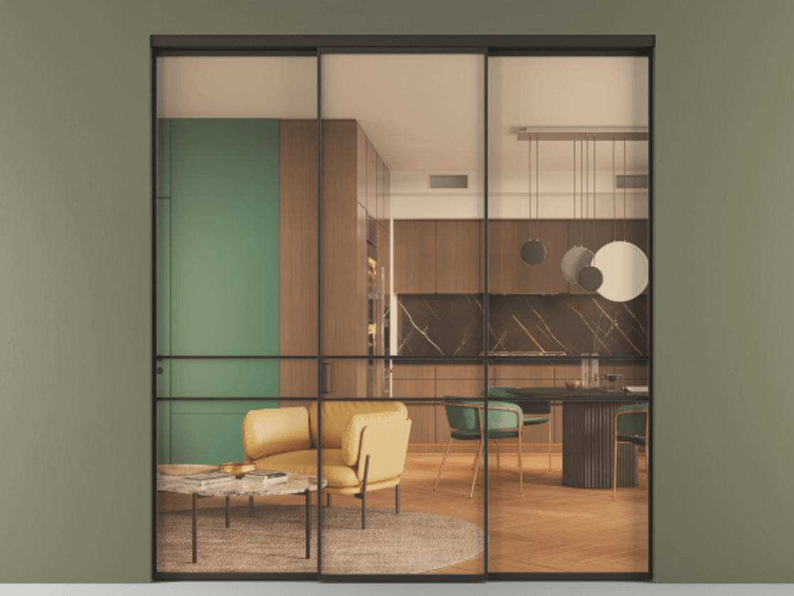 Перегородка Формато внутри проёма 3 створки АЛПР 040.02 Алюминий антрацит Прозрачное оранжевое стекло, триплекс Цена 237275 ₽ | Volhovec