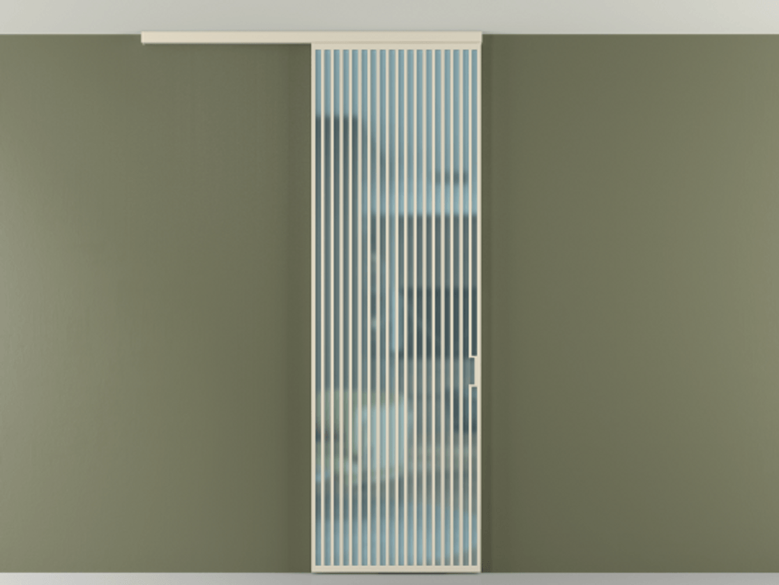 Межкомнатная дверь New Перегородка Formato вдоль стены на потолок одностворчатая АЛПР 040.06 Алюминий бежево-серый Сатинированное голубое стекло, триплекс Цена 1262700  | Volhovec