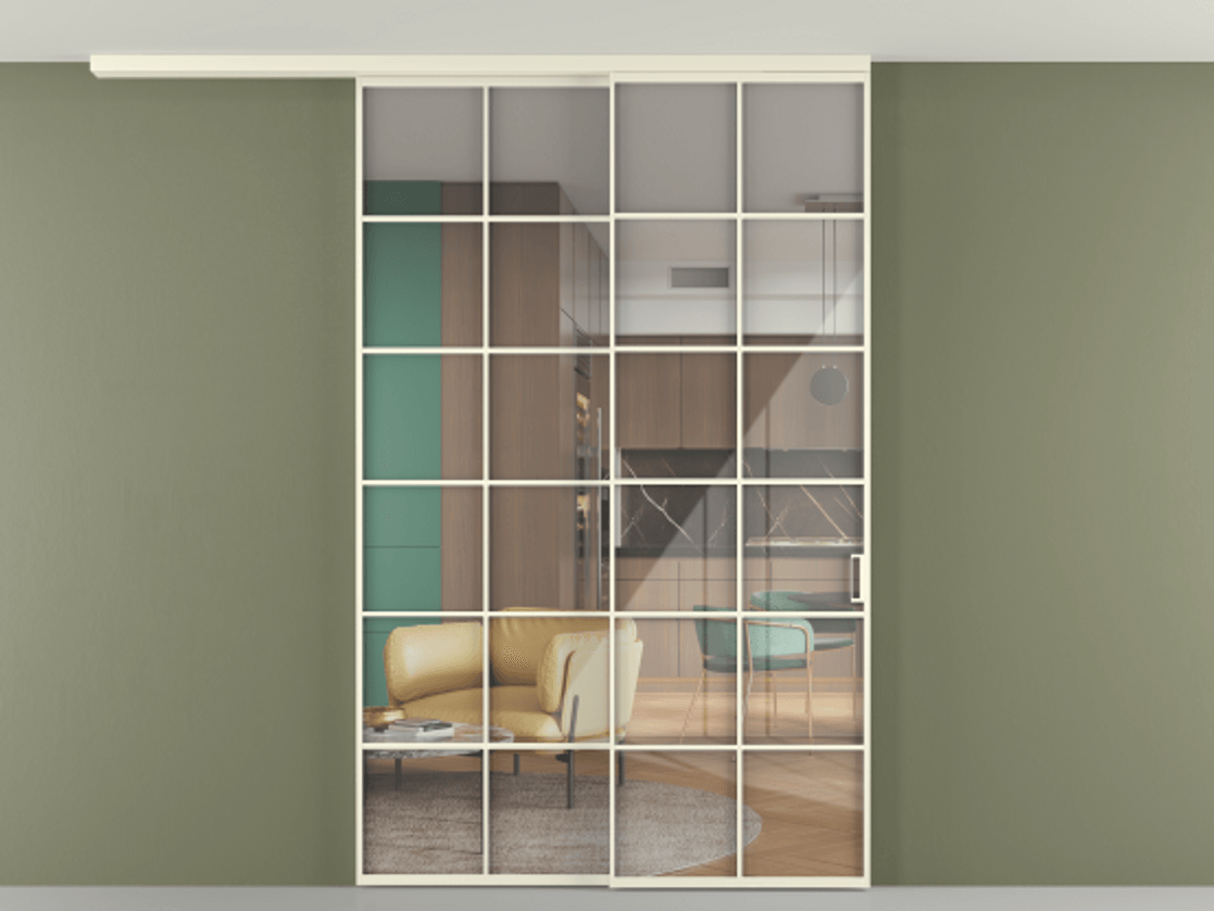 Перегородка Формато вдоль стены на потолок 2 створки с синхронным механизмом АЛПР 040.05 Алюминий молочно-белый Рефлективное прозрачное стекло "Стопсол", калёное Цена 304504 ₽ | Volhovec