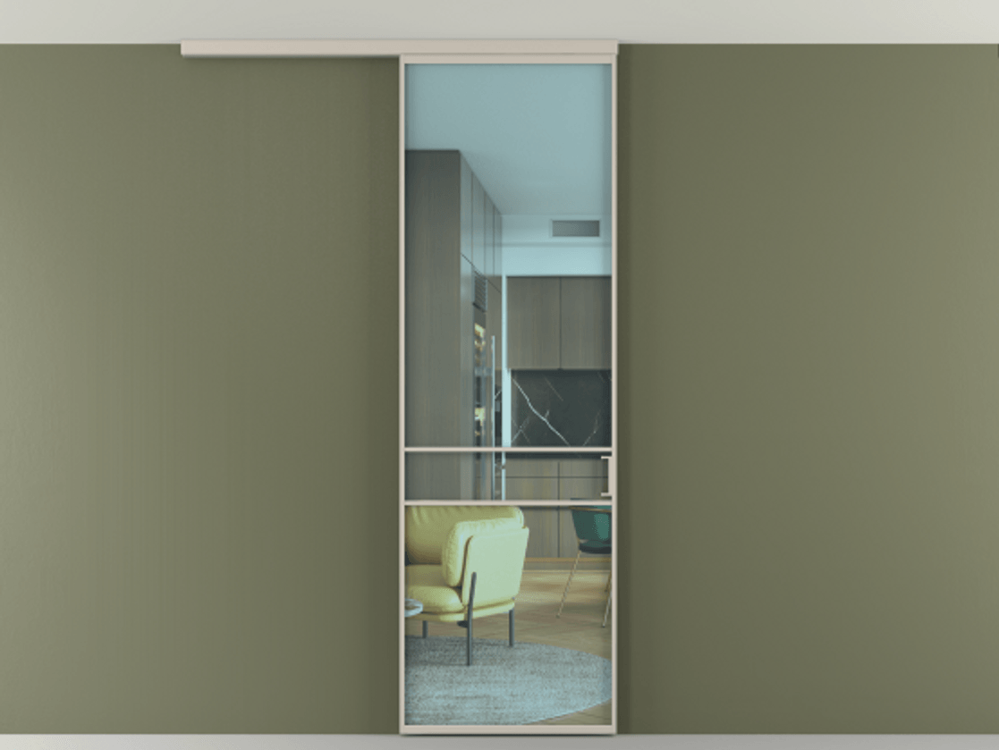 Перегородка Формато вдоль стены на потолок 1 створка АЛПР 040.02 Алюминий светло-бежевый Прозрачное голубое стекло, триплекс Цена 100988 ₽ | Volhovec