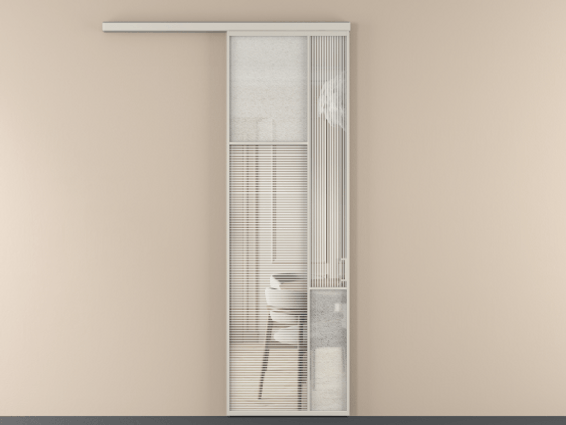 Перегородка Mosaic вдоль стены 1 створка АЛПР 041.10 Алюминий облачно-серый Рифлёное стекло "Дюна", триплекс, 6 мм + Фактурное стекло "Лёд", триплекс Цена 145030 ₽ | Volhovec