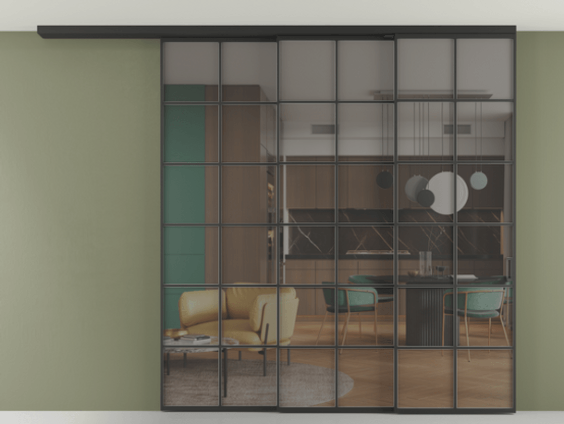 Перегородка Формато вдоль стены на потолок 3 створки с синхронным механизмом АЛПР 040.05 Алюминий Черный Прозрачное серое стекло, триплекс Цена 383878 ₽ | Volhovec