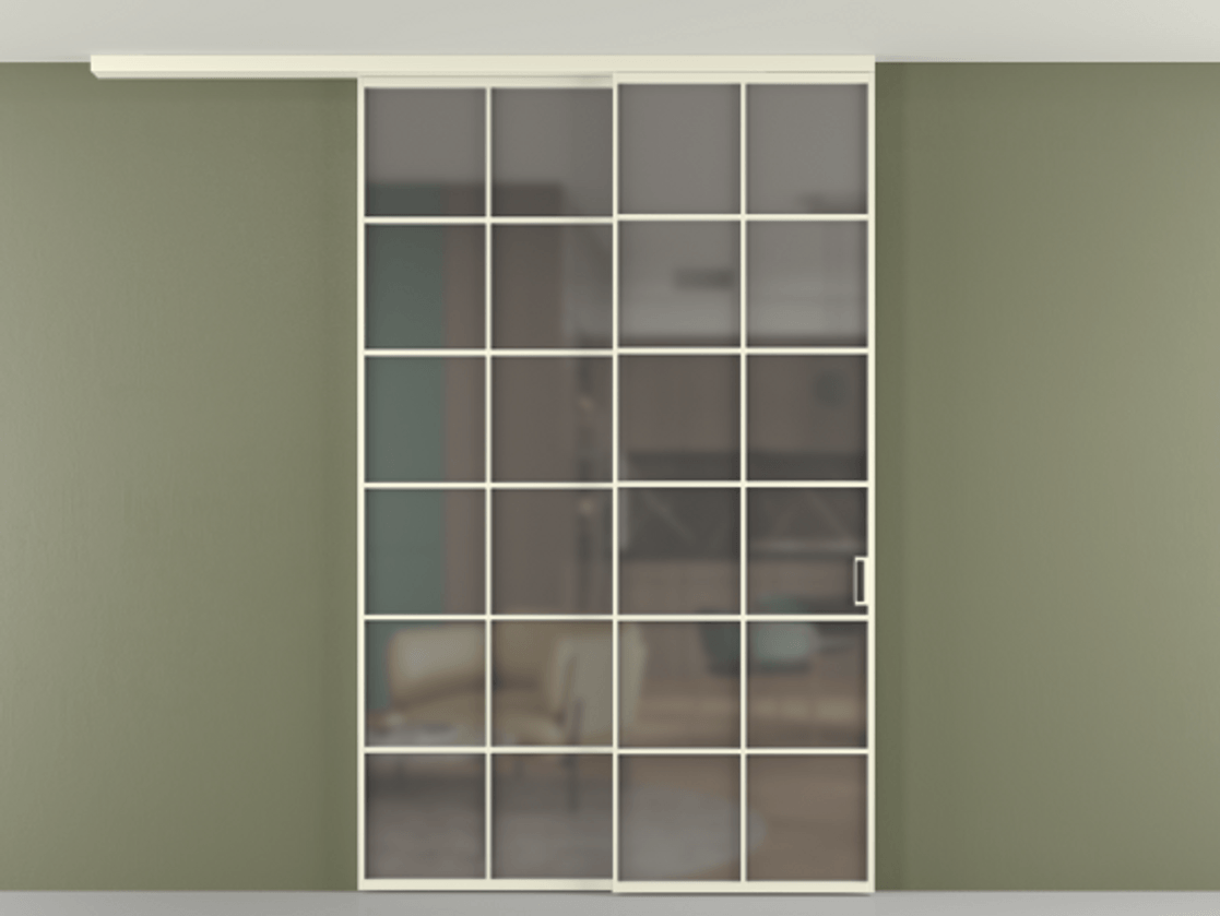 Перегородка Формато вдоль стены на потолок 2 створки с синхронным механизмом АЛПР 040.05 Алюминий молочно-белый Сатинированное серое стекло, триплекс Цена 291704 ₽ | Volhovec