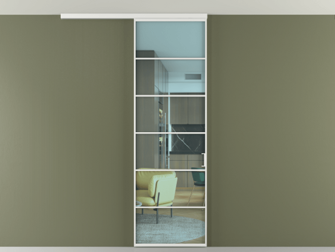 Перегородка Формато вдоль стены на потолок 1 створка АЛПР 040.04 Алюминий белоснежный Прозрачное голубое стекло, триплекс Цена 103293 ₽ | Volhovec