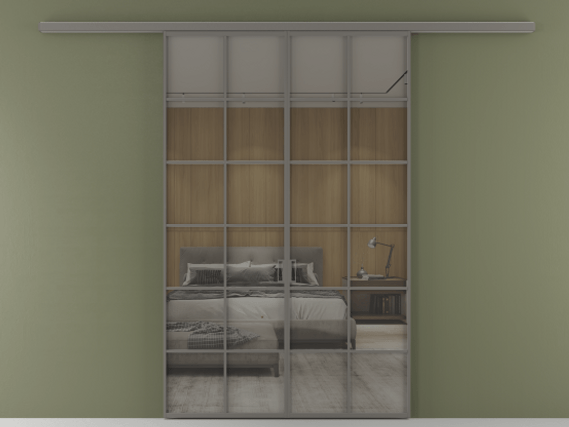 Перегородка Формато вдоль стены 2 створки АЛПР 040.05 Алюминий классический серый Рефлективное серое стекло "Стопсол", калёное Цена 264600 ₽ | Volhovec