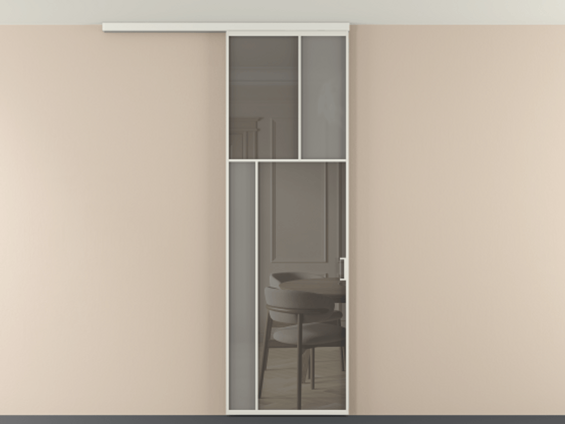 Перегородка Мозаик вдоль стены на потолок 1 створка АЛПР 041.22 Алюминий серый Сатинированное серое стекло, триплекс, 6 мм + Прозрачное серое стекло, триплекс Цена 135040 ₽ | Volhovec