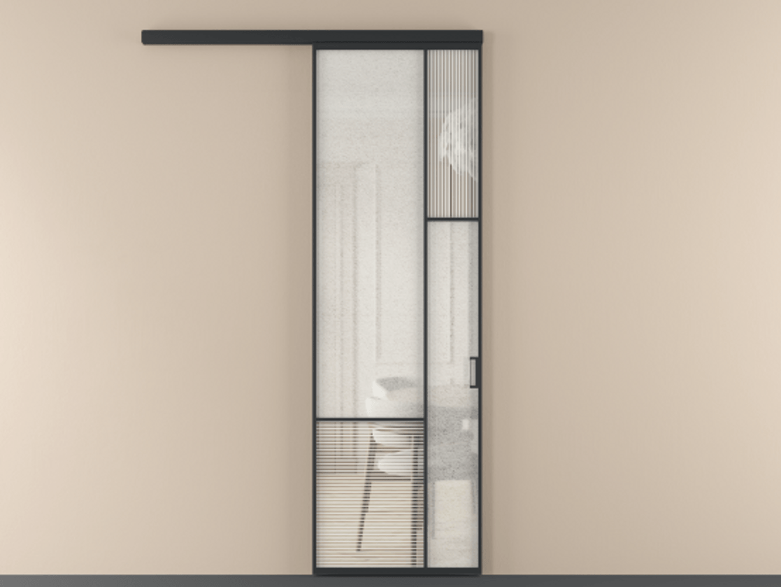 Перегородка Mosaic вдоль стены 1 створка АЛПР 041.12 Алюминий Черный Рифлёное стекло "Дюна", триплекс, 6 мм + Фактурное стекло "Лёд", триплекс Цена 139390 ₽ | Volhovec