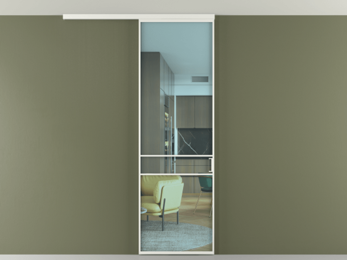 Перегородка Формато вдоль стены на потолок 1 створка АЛПР 040.02 Алюминий светло-серый Прозрачное голубое стекло, триплекс Цена 96858 ₽ | Volhovec