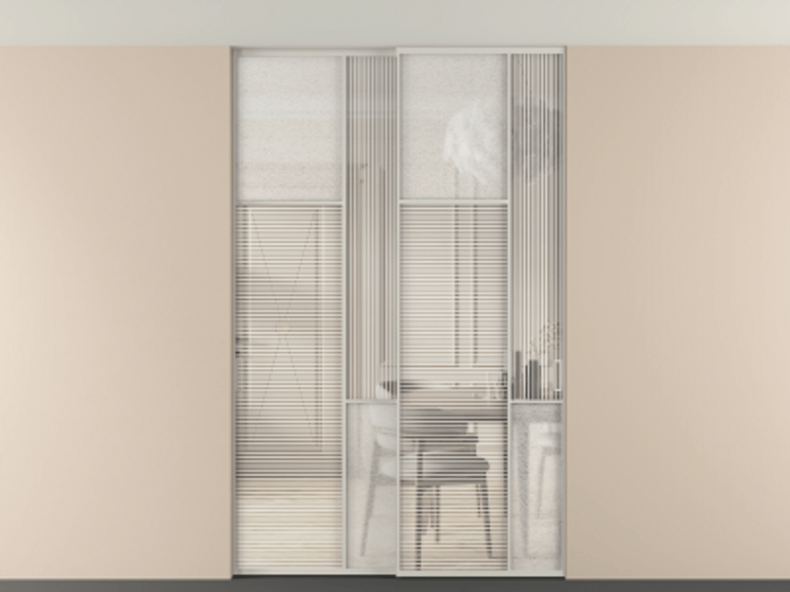 Перегородка Мозаик внутри проёма скрытое крепление в потолок 2 створки АЛПР 041.10 Алюминий тёплый серый Рифлёное стекло "Дюна", триплекс, 6 мм + Фактурное стекло "Лёд", триплекс Цена 340580 ₽ | Volhovec